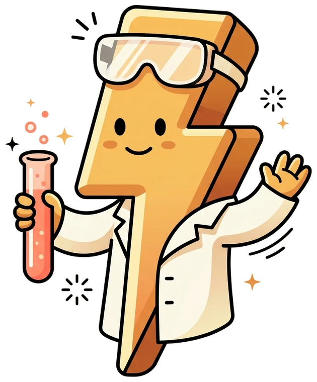 The Electricity Lab mascot — a friendly lightning-bolt scientist